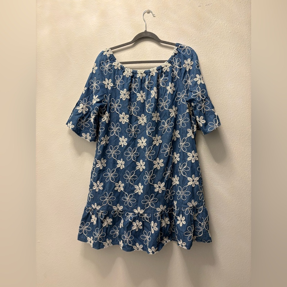 Blue Floral Embroidered Mini Dress